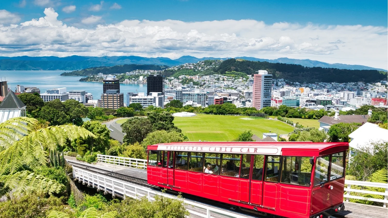 Red tram rides down a hill in New Zealand